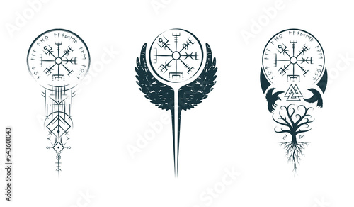 Viking symbols isolated set. Hand drawn collection of  pagan norse sign vegvisir, yggdrasil, valknut, runic circle  and ravens. Scandinavian vector illustration for  tattoo, print and t-shirt design.