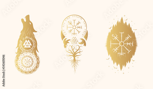 Viking symbols isolated set. Golden collection of celtic  signs vegvisir, Fenrir, yggdrasil, valknut, aegishjalmur. Scandinavian vector illustration.