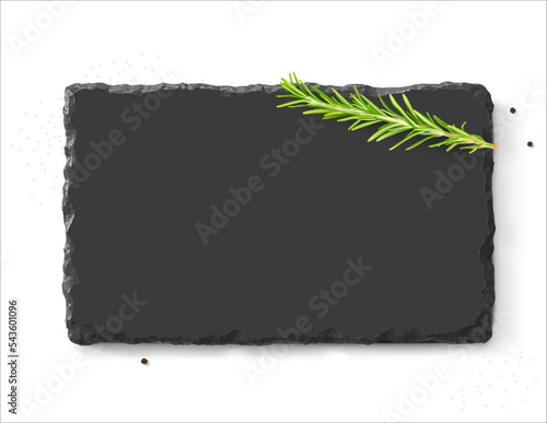 Black board stone mockup with rosemary, salt and peppers. Vector illustration isolated on white background. Great for presenting your product. EPS10.	