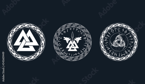 Viking symbols set. Three isolated icons of pagan norse sign valknut, giant wolves and skaldenment on a black background. Scandinavian vector illustration. 