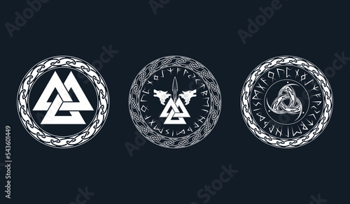 Viking symbols set. Three isolated  icons of pagan norse sign valknut, giant wolves and skaldenment on a black background. Scandinavian vector illustration. 