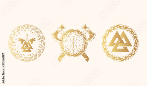 Viking symbols collection. Isolated set of three golden pagan norse sign valknut, crossed axe, giant wolves in runic circle. Scandinavian vector illustration.