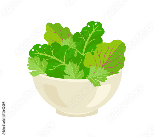 Fresh mixed green salad in bowl. Healthy food icon. Vector flat illustration.
