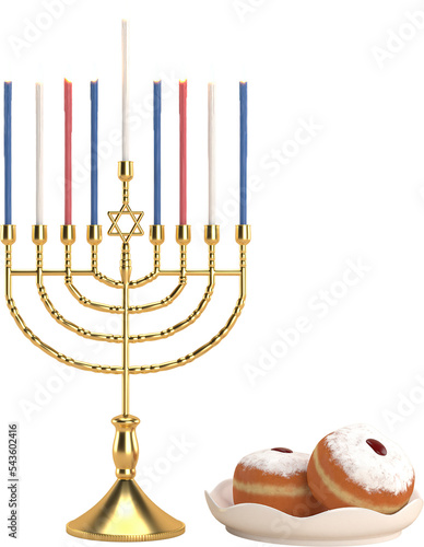 3d rendering Image of Jewish holiday Hanukkah withmenorah or traditional Candelabra and donuts