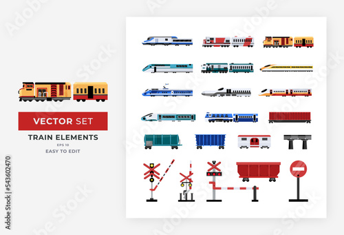 Train elements set vector illustration. Collection of various trains transportation, high speed trains, MRT, KRL, freight train cars, etc. Fully editable, eps 10.