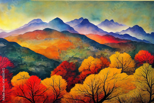 Watercolor autumn mountain landscape. 