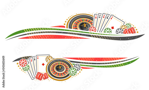 Vector border for Gamble with copy space for text, invitation with illustration of roulette wheel, decorative stars and flourishes, colorful casino coins, poker four of a kind and red gambling cubes