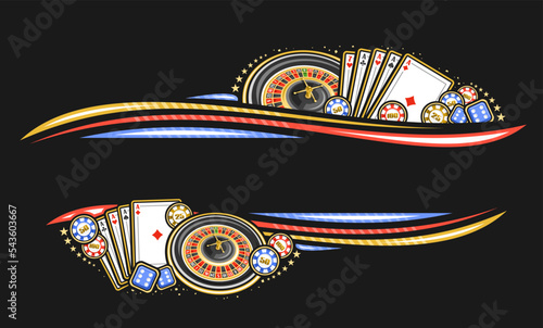 Vector border for Gamble with copy space for text, invitation with illustration of roulette wheel, decorative stars and flourishes, colorful casino coins, poker four of a kind and blue gambling cubes