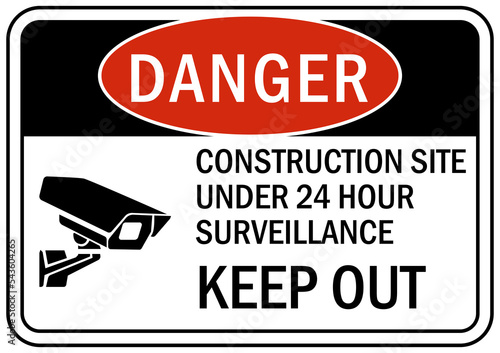 Under construction sign and label construction under surveillance