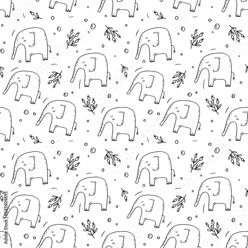 Seamless pattern with elephants and berries on a white background. Hand drawn childish vector illustration. Ideal for fabric, textile, wallpaper, prints, scrapbooking, wrapping paper