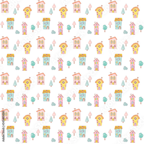 Childish urban seamless pattern with cute pink houses and trees on a white background. Ideal for fabric, textile, wallpaper, prints, scrapbooking, party decoration. Hand drawn illustration