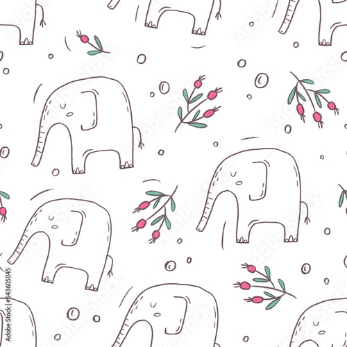 Seamless pattern with elephants and bubbles on a white background. Hand drawn childish cute illustration. Ideal for fabric, textile, wallpaper, prints, scrapbooking, wrapping paper