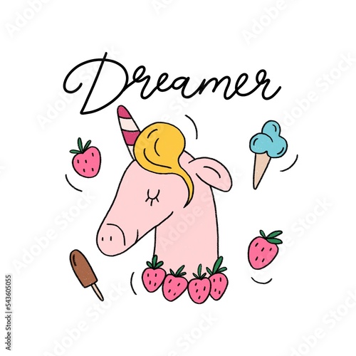 Cute unicorn with outline ice cream and lettering. Hand drawn children illustration in doodle style. Pink animal character for girl. Ideal for t shirt, print, mug