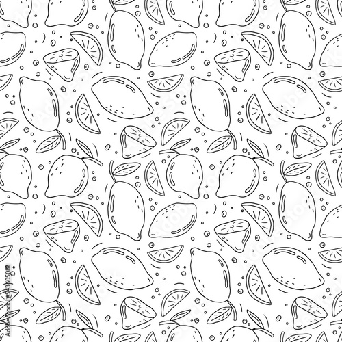 Seamless pattern with outline lemons and bubbles. Hand drawn black and white illustration. Ideal for coloring page, fabric, textile, prints, scrapbooking, wrapping paper and party decoration
