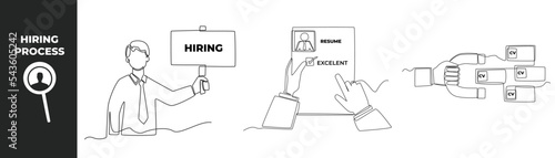 Continuous one line drawing hiring process set concept. Hiring and CV resume. Single line draw design vector graphic illustration. 