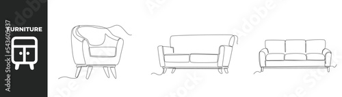 Continuous one line drawing modern furniture set concept. Trendy sofa chair and armchair. Single line draw design vector graphic illustration.