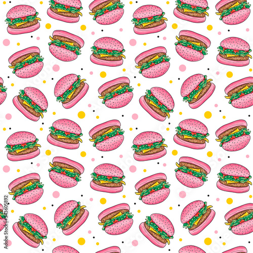 Seamless pattern with pink vegen hamburger and dots on a white background. Texture for fabric, packaging, textiles, wallpaper, clothing. Doodle  illustration. Unhealthy american fast food