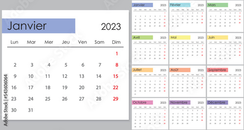 Calendar 2023 on French language, week start on Monday.