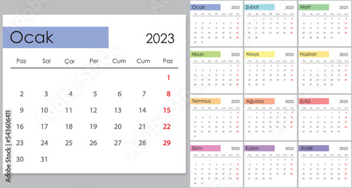 Calendar 2023 on Turkish language, week start on Monday.