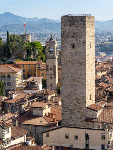 Bergamo, Italy. The Old town. The historic Gombito tower is located in the city center of the upper part of the city. Bergamo one of the most beautiful city in Italy photo