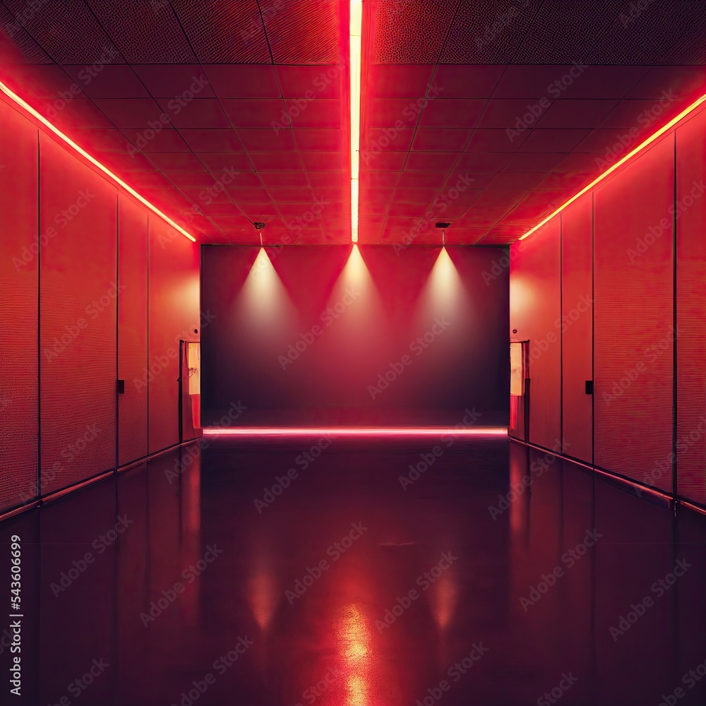 empty room with red neon lights and spotlights over wall, stage product  display background, Generative AI Art Stock Illustration | Adobe Stock