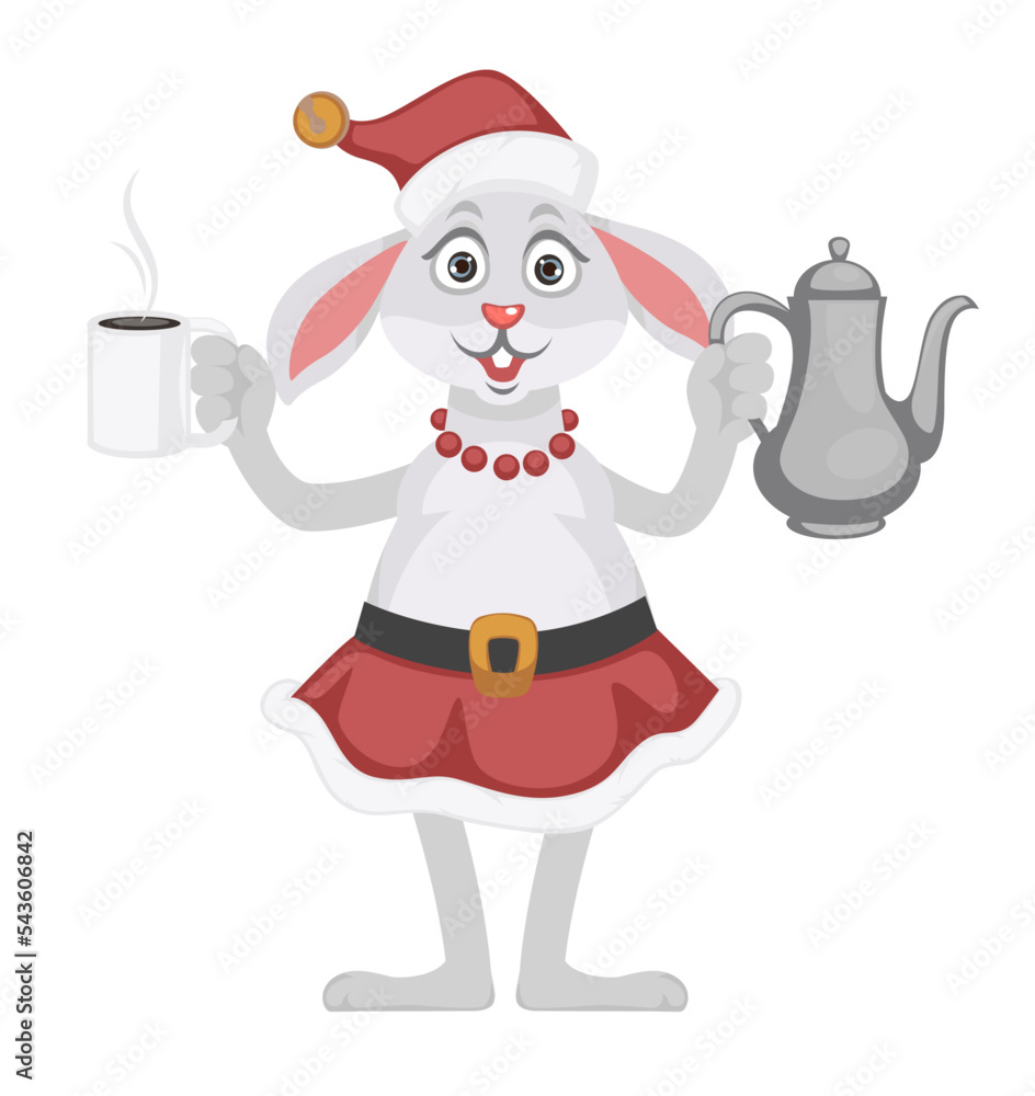 Bunny character with pot and cup of hot tea drink Bunny character with pot and cup of hot tea drink