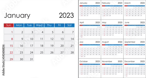 Calendar 2023 on English language, week start on Sunday.