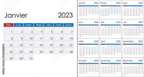 Calendar 2023 on French language, week start on Sunday. Vector template