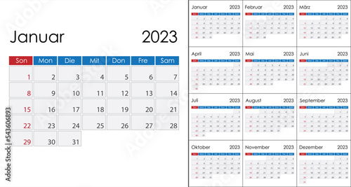 Calendar 2023 on German language, week start on Sunday. Vector template photo