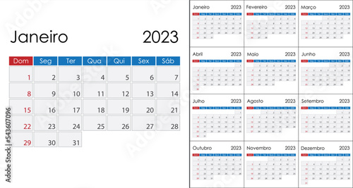 Calendar 2023 on Portuguese language, week start on Sunday. Vector template