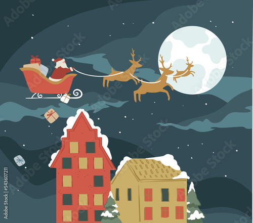 Santa Claus riding reindeers, giving presents