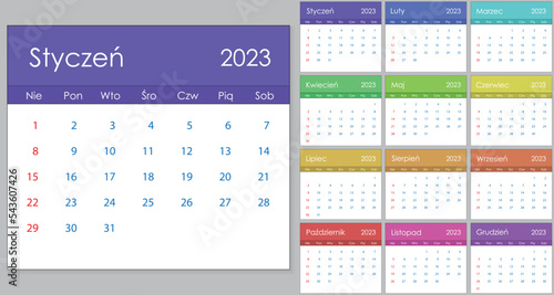 Calendar 2023 on Polish language, week start on Sunday.