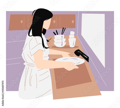 beautiful woman side view washing dishes. lots of cutlery. concept of activity, mother, cleanliness, kitchen, etc. flat vector illustration