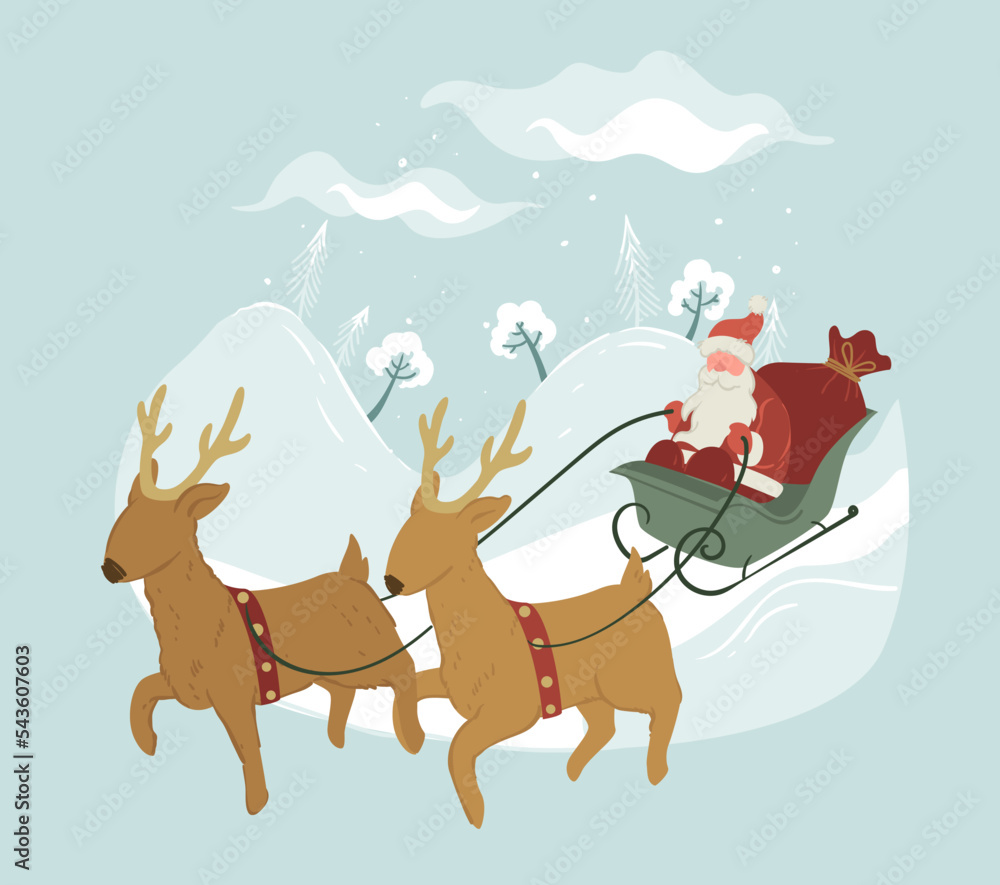 Santa Claus and reindeers sleigh xmas holidays