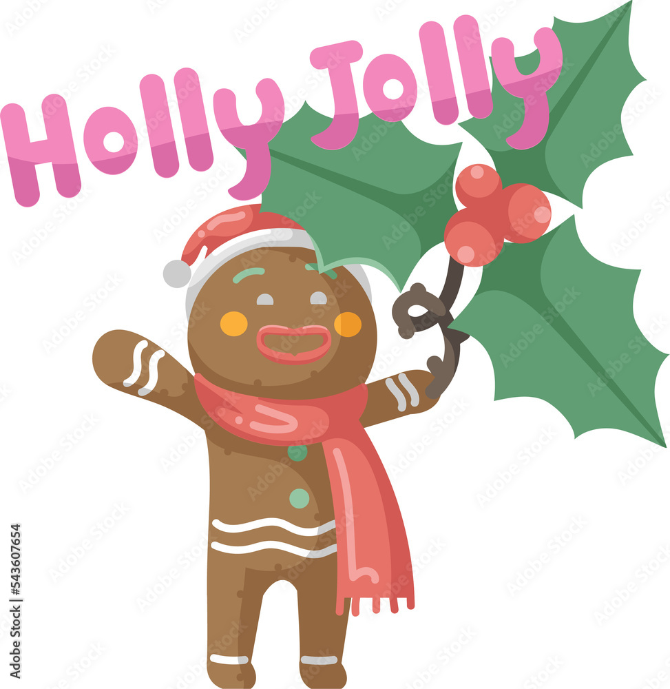 Fototapeta premium Gingerbread man holding holly and sing christmas songs