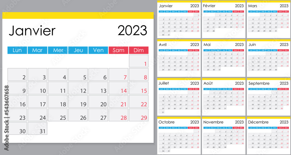 Calendar 2023 on French language, week start on Monday Calendar 2023 on French language, week start on Monday