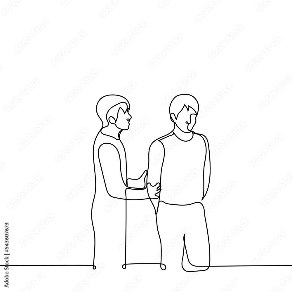man addresses to another man by holding or stopping him by the hand - one line drawing vector. concept to ask for something, to convince