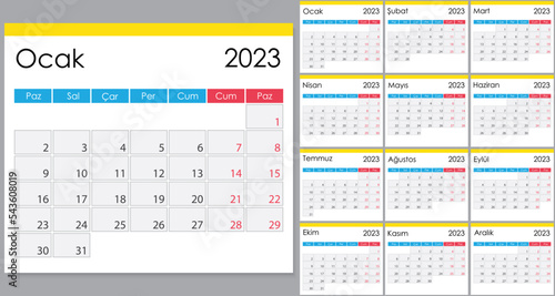 Calendar 2023 on Turkish language, week start on Monday photo