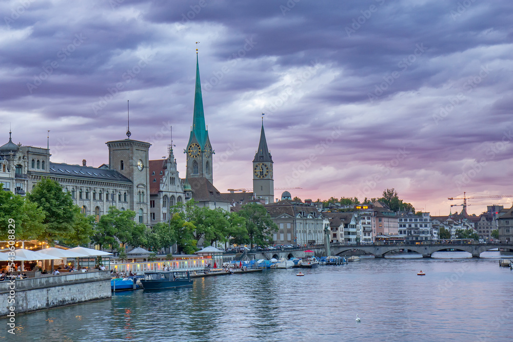 Zurich twilight cityscape and Limmat river in Zurich city center