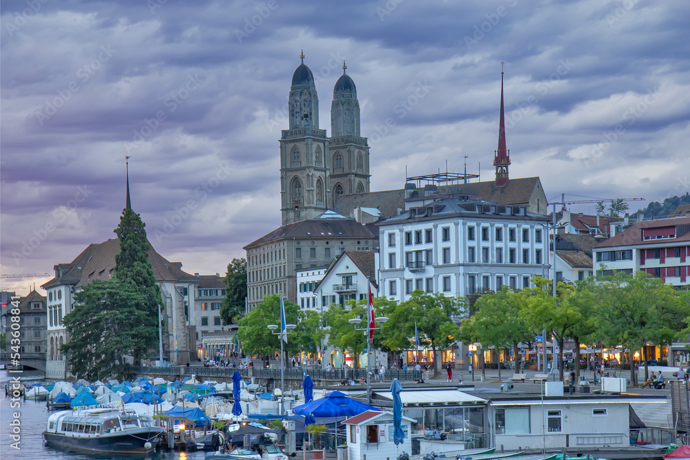 Zurich twilight cityscape and Limmat river in Zurich city center
