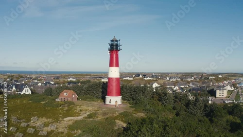 Lighthouse Hörnum, Sylt, Germany. Schleswig-Holstein, North Sea. 4K drone. Beautiful tourist destination and attraction from above.