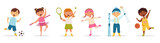 Happy kids doing different sports vector set. Children's activities. Little boys and girls play football, basketball, tennis, figure skating, skiing and ballet. Illustration for children's products