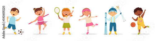 Happy kids doing different sports vector set. Children's activities. Little boys and girls play football, basketball, tennis, figure skating, skiing and ballet. Illustration for children's products