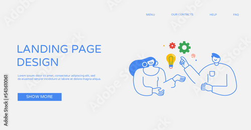 Business idea concept with people, team work, Business team putting gears on big light bulb, new idea engineering, business model innovation, teamwork concept line art illustration, doodle characters