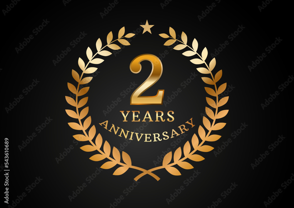 Vector graphic of Anniversary celebration background. 2 years golden anniversary logo with laurel wreath on black background. Good design for wedding party event, birthday, invitation, brochure, etc Vector graphic of Anniversary celebration background. 2 years golden anniversary logo with laurel wreath on black background. Good design for wedding party event, birthday, invitation, brochure, etc