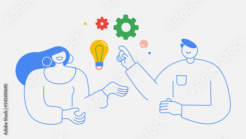 Business idea concept with people, team work, Business team putting gears on big light bulb, new idea engineering, business model innovation, teamwork concept line art illustration, doodle characters photo