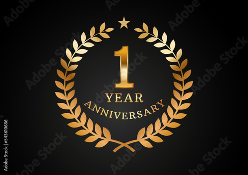 Vector graphic of Anniversary celebration background. 1 year golden anniversary logo with laurel wreath on black background. Good design for wedding party event, birthday, invitation, brochure, etc