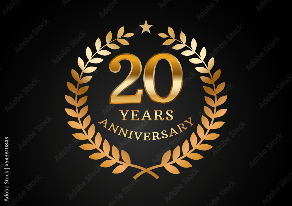 Fototapeta premium Vector graphic of Anniversary celebration background. 20 years golden anniversary logo with laurel wreath on black background. Good design for wedding party event, birthday, invitation, brochure, etc