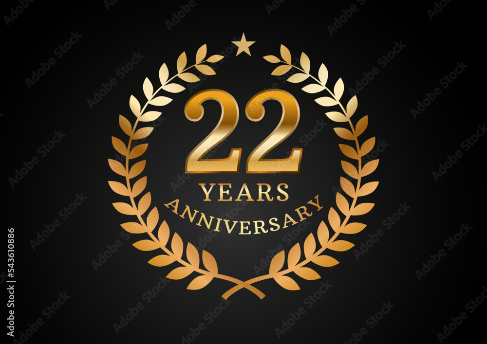 Naklejka premium Vector graphic of Anniversary celebration background. 22 years golden anniversary logo with laurel wreath on black background. Good design for wedding party event, birthday, invitation, brochure, etc