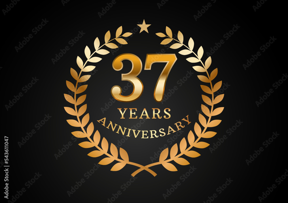 Vector graphic of Anniversary celebration background. 37 years golden anniversary logo with laurel wreath on black background. Good design for wedding party event, birthday, invitation, brochure, etc Vector graphic of Anniversary celebration background. 37 years golden anniversary logo with laurel wreath on black background. Good design for wedding party event, birthday, invitation, brochure, etc